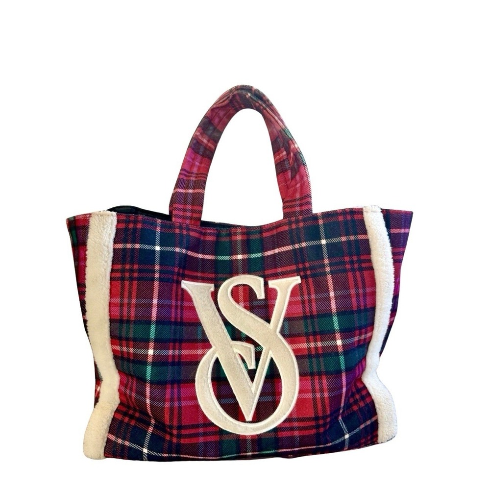 Victoria's Secret Plaid Sherpa Tote‎ Bag Double Handles, Cozy Winter Style